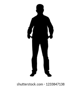 Man took out his empty pockets Businessman has not money silhouette concept icon black color