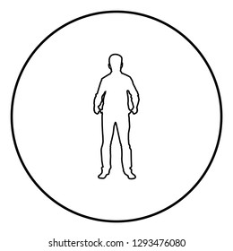 Man took out his empty pockets Businessman has not money silhouette concept icon black color outline vector illustration flat style simple image in circle round