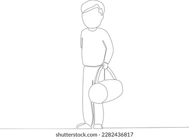 A man took refuge with a tote bag. Refugee one-line drawing