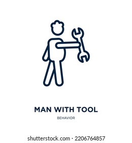 man with tool icon from behavior collection. Thin linear man with tool, man, tool outline icon isolated on white background. Line vector man with tool sign, symbol for web and mobile