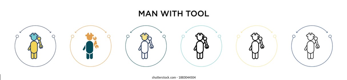 Man with tool icon in filled, thin line, outline and stroke style. Vector illustration of two colored and black man with tool vector icons designs can be used for mobile, ui, web