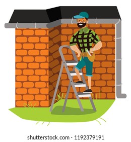 Man with tools examines house roof poster