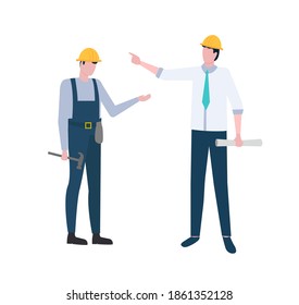Hombre con herramientas que usan vectores de casco protector, jefe que maneja el proceso de construcción de estilo plano. Persona dando consejos y organizando trabajo