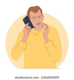 Man with toothache makes dentist appointment via phone call. Isolated vector flat cartoon illustration. Dental care concept.