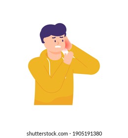 a man with toothache or swollen cheeks. people have goiter, a disease of the face. the expression on the face of the person who was in pain. flat style. vector design element