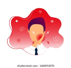 Man with toothache touching his chick. Flat modern trendy style.Vector illustration character icon. Isolated on white background.