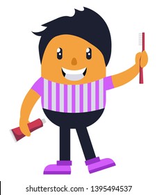 Man with toothbrush and toothpaste, illustration, vector on white background.