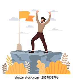 Man at top. Character rejoices at success, achievement. Person fulfilled her goals, dreams come true. Leader, winner, happy, flag. Cartoon flat vector illustration isolated on white background