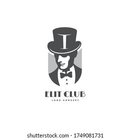 Man in a top hat and a bow tie logo design template for a light background. Vector illustration.