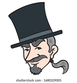 Man with top hat and braid. magician, face, avatar, isolated.