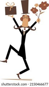 Man in the top hat with flowers and a present illustration. Cartoon man in the top hat with hands up holding flowers and a present box isolated on white background