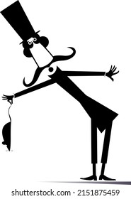 Man in the top hat holds a rat, mouse illustration. 
Cartoon long mustache gentleman in the top hat holds rat or mouse by tail black on white background
