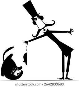 Man in the top hat holds a rat or mouse near a cat.
Cartoon long mustache gentleman in the top hat holds rat or mouse by tail above the head of the cat. Black and white illustration
