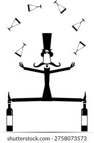 Man in the top hat juggling the wine glasses. 
Funny long mustache man in the top hat balancing on two bottles and juggling the wine glasses. Black and white illustration
