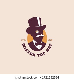 Man in a top hat with a monocle logo design template. Vector illustration.