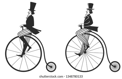 man in top hat on a retro bike, penny farthing, vector illustration, isolated object