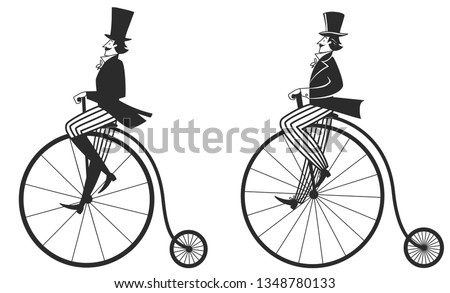 man in top hat on a retro bike, penny farthing, vector illustration, isolated object