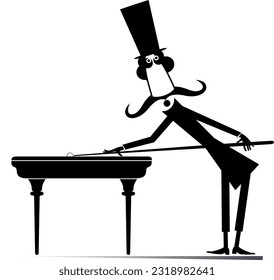 Mann im oberen Hut, der Billard im Club spielt. 
Rutschiger, langer Schnurrbart Mann im oberen Hut, der einen Cue und Snooker-Ball hält. Schwarz-Weiß-Illustration
