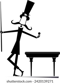 Hombre con el sombrero más alto jugando al billar en el club. 
Un hombre de bigote largo en el sombrero superior sosteniendo una bola de cue y snooker. Ilustración en blanco y negro
