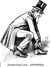 Un hombre con sombrero de cabeza que pone sus zapatos en el suelo, dibujo vintage de líneas o ilustración de grabado