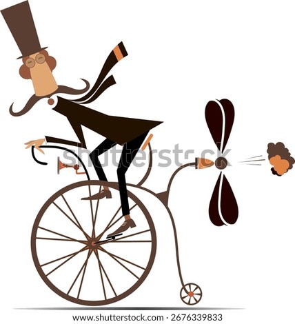 Man in the top hat rides on a vintage bike. 
Cheerful long mustached gentleman in the top hat on a penny-farthing tries to ride faster using a propeller
