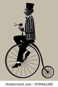 Man in a top hat riding a retro bicycle. Vintage fashion engraving stylized drawing. Vector illustration