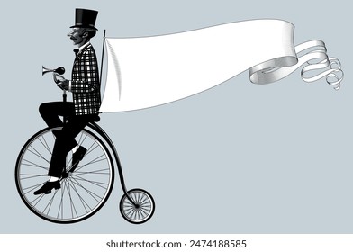 Hombre con sombrero de copa montando una bicicleta retro con una larga bandera de Anuncio ondeando. Grabado de moda de Antiguas dibujo estilizado. Ilustración vectorial