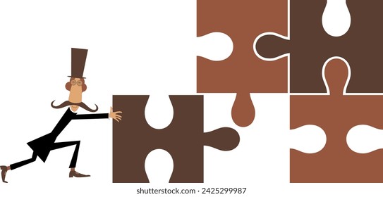 Man in the top hat solving the puzzle. 
Cartoon long mustache man in the top hat holding puzzle piece and connecting idea. Isolated on white background
