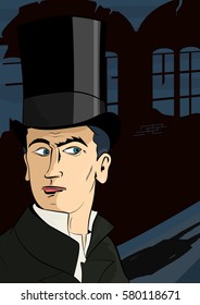 The man in the top hat in the style of old comic books. Flat vector.
