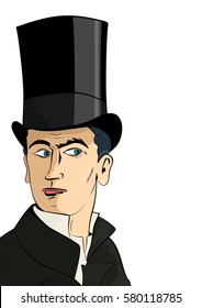 The man in the top hat in the style of old comic books. Flat vector.