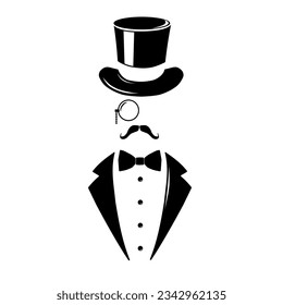 Man in Top Hat Tuxedo Suit Vector -  Illustration Black Silhouette Design Logo