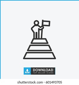 man at the top of the mountain with flag icon. simple outline man at the top of the mountain with flag vector icon. on white background.