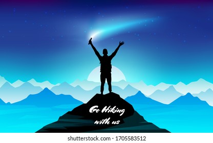 A man at the top of a mountain holds a signal fire in his raised hand on night. Climbing on mountain. Vector illustration hiking and climbing