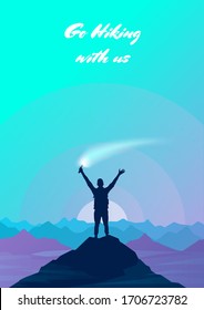 A man at the top of a mountain holds a signal fire in his raised hand. Climbing on mountain. Vector illustration hiking and climbing