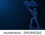 The man at the top is waving a flag. Polygonal design of interconnected lines and points. Blue background.