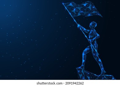 The man at the top is waving a flag. Polygonal design of interconnected lines and points. Blue background.