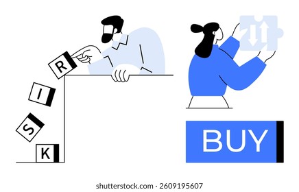 Man topples risk blocks while woman holds strategy puzzle pieces near buy button. Ideal for business strategy, decision making, investment, financial planning, risk management, marketing