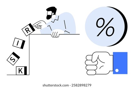 Man toppling blocks spelling RISK, large percentage symbol in circle, clenched fist pointing down. Ideal for risk management, financial planning, investing, personal finance, decision making