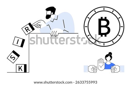 Man toppling letter blocks spelling RISK, large Bitcoin symbol, woman gesturing stop with hands. Ideal for finance, risk management, investments, cryptocurrency, conflict resolution, business