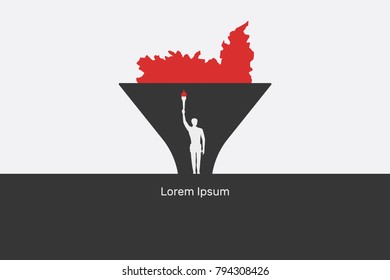 Man with torch, big fire, vector illustration, flat banner, concept, black, gray, red, white, silhouette