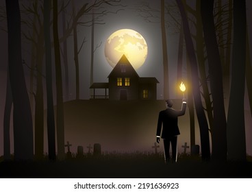 Man with a torch gets lost in mysterious horror forest and finds a scary hut, Halloween theme, vector illustration