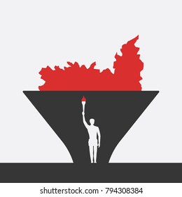 Man with a torch on the background of a large fire, vector illustration, flat banner, concept, black, gray, red, white, silhouette