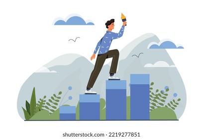 Man with torch. Young guy climbs up blue posts. Metaphor of leadership and motivation, successful athlete or entrepreneur. Goal setting and vision for future. Cartoon flat vector illustration