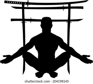 man and torii gate with swords. vector illustration