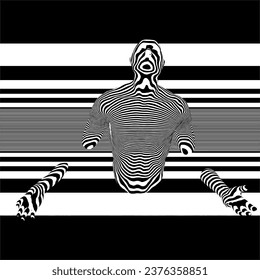 Man Torso Stuck In The Wall Line Art Vector 03. Stripe Drawing. Illustration Isolated On White Background. A vector illustration Of A Man.