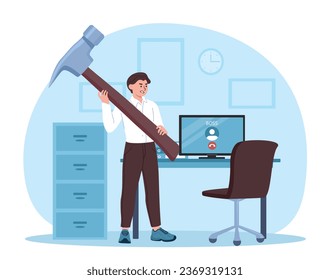 Man tortured by work concept. Evil young guy with hammer at workplace. Emotional stress and pressure. Overworked employee with emotional burnout in office. Cartoon flat vector illustration