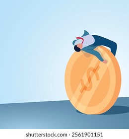 A man tosses a large coin. Illustration for financial freedom, abundant wealth and riches.