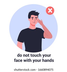 Man touch his face with his hand. Virus prevention and protection. Coronovirus alert. Isolated vector illustration in cartoon style