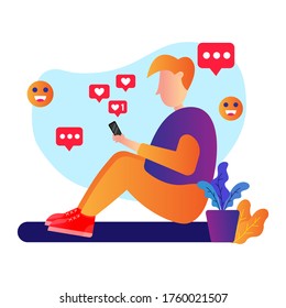 Teléfono inteligente con pantalla táctil para hombre. Una persona guapa juega a un teléfono a un diseño plano de medios sociales. Ilustración del vector
