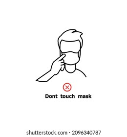 Man Touches Face Mask With Her Finger. Don’t Touch Mask Sign Or Symbol. Line Icon. Safety Advice For Banner Or Infographic During Covid-19 Outbreak. Black Outline,white Background.Vector Illustration